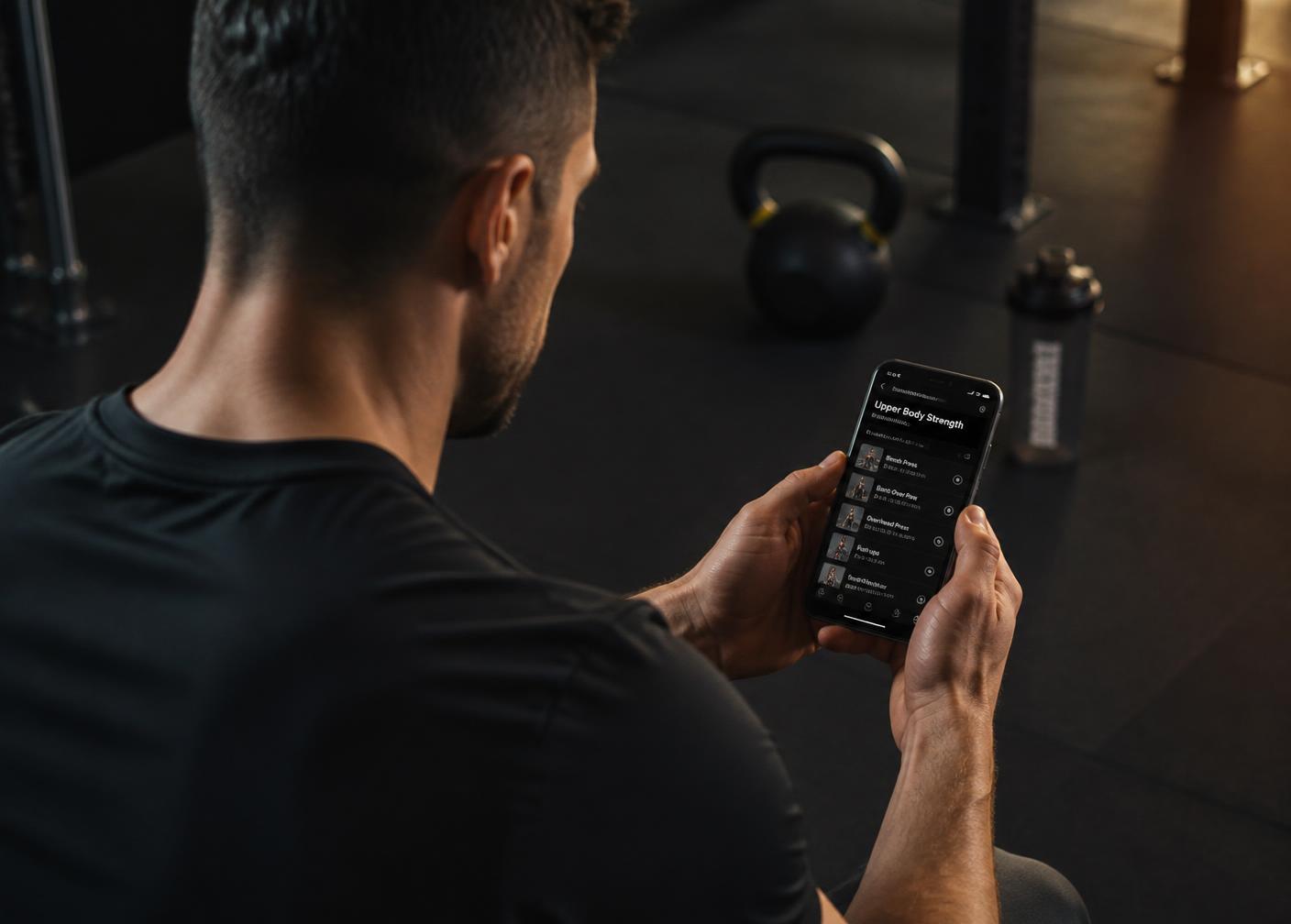 Client following a training plan on a phone in the gym